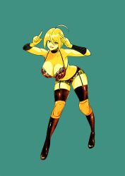 Rule 34 | 1girl, ahoge, angel (kof), aqua background, arms up, black choker, black footwear, blonde hair, breasts, choker, cleavage, full body, hair between eyes, highres, index finger raised, large breasts, limited palette, looking at viewer, navel, short hair, simple background, smile, snk, solo, standing, suyinliao, the king of fighters, thighhighs, underwear, underwear only