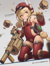Rule 34 | 1girl, absurdres, ahoge, backpack, bag, bag charm, barcode, barcode tattoo, bilibili xiaolu, blonde hair, breasts, cabbie hat, charm (object), closed mouth, clover print, covered navel, dodoco (genshin impact), genshin impact, gloves, grenade launcher, grey background, gun, hair between eyes, hat, hat feather, highres, huge filesize, klee (genshin impact), kneeling, long hair, looking at viewer, low twintails, milkor mgl, navel, one-piece swimsuit, pointy ears, red eyes, red one-piece swimsuit, revolver grenade launcher, simple background, skindentation, small breasts, smile, solo, swimsuit, tattoo, thighs, twintails, weapon