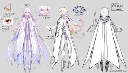 Rule 34 | 1other, :o, androgynous, bodysuit, character name, character sheet, cloak, commentary, english commentary, floating hair, fuzichoco, grey background, halo, highres, hololive, hololive english, hood, hooded cloak, long hair, mixed-language commentary, multicolored hair, official art, omega alpha, open mouth, plantar flexion, rainbow hair, red eyes, streaked hair, translation request, triangle halo, virtual youtuber, white bodysuit, white cloak, white hair