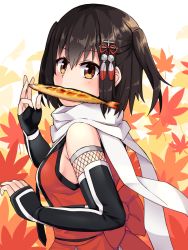 Rule 34 | 1girl, autumn leaves, black gloves, brown eyes, brown hair, elbow gloves, fingerless gloves, fish, food in mouth, gloves, hair ornament, kantai collection, neckerchief, saury, scarf, school uniform, sendai (kancolle), sendai kai ni (kancolle), serafuku, solo, tsunaso (lack of sunlight), two side up, white scarf