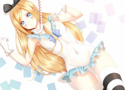 Rule 34 | 1girl, :o, black bow, blonde hair, blue eyes, bow, covered navel, frilled swimsuit, frills, gloves, groin, hair bow, horizontal-striped legwear, koyaya, long hair, looking at viewer, lying, multicolored clothes, multicolored legwear, one-piece swimsuit, original, parted bangs, see-through, solo, striped clothes, striped thighhighs, swimsuit, thighhighs, white gloves, white one-piece swimsuit