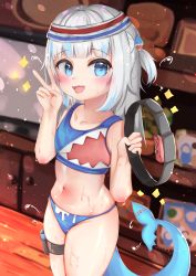 Rule 34 | alternate costume, blurry, blurry background, blush, collarbone, commentary, flat chest, gawr gura, hair ornament, headband, highres, hololive, hololive english, looking at viewer, medium hair, minertime, navel, ring fit adventure, teeth, thigh strap, v, virtual youtuber, wet