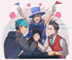 Rule 34 | 1girl, 2boys, :d, ace attorney, anger vein, antenna hair, apollo justice, aqua necktie, arm wrestling, arms up, beanie, beard stubble, black dress, black hair, blank speech bubble, blue cape, blue headwear, bracelet, breast pocket, brown eyes, brown hair, buttons, cape, closed eyes, closed mouth, cropped torso, dress, facial hair, flag, gloves, grey background, grey jacket, hat, holding, holding flag, hood, hood down, hooded jacket, jacket, jewelry, kaeru (qingwali), lapel pin, lapels, long sleeves, multiple boys, necktie, open mouth, phoenix wright, pocket, profile, red scarf, red vest, scarf, shirt, short hair, sleeves rolled up, smile, speech bubble, stubble, swept bangs, table, top hat, trembling, trucy wright, twitter username, upper body, v-shaped eyebrows, vest, white gloves, white shirt