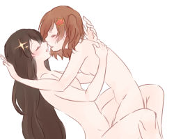 Rule 34 | 10s, 2girls, aijou karen, between legs, black hair, blush, breasts, brown hair, closed eyes, convenient arm, convenient censoring, female focus, from side, hair ornament, imminent kiss, kagura hikari, long hair, multiple girls, no nipples, nude, open mouth, short hair, shoujo kageki revue starlight, simple background, small breasts, tagme, twintails, very long hair, white background, yuri