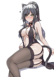 Rule 34 | 1girl, absurdres, animal ear fluff, animal ears, arknights, artist name, bare arms, black hair, black one-piece swimsuit, black panties, black thighhighs, blush, breasts, cat ears, cat girl, cat tail, closed mouth, commentary, dated, female focus, garter straps, highres, large breasts, long hair, looking at viewer, lying, navel, on side, one-piece swimsuit, panties, ponytail, reclining, schwarz (arknights), simple background, slingshot swimsuit, solo, squiggle, swimsuit, tail, thighhighs, underwear, v-shaped eyebrows, vanillafox2035, white background, yellow eyes