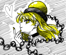Rule 34 | 1girl, black choker, blonde hair, chain, choker, commentary request, earrings, from side, hand up, heart, hecatia lapislazuli, hecatia lapislazuli (moon), highres, jewelry, long hair, looking at viewer, nail polish, nokisakifuurin, profile, smile, solo, stud earrings, touhou, white background, yellow eyes, yellow nails