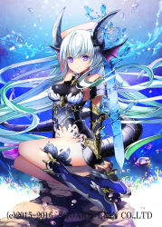 Rule 34 | 1girl, animal ears, arm support, arm up, armor, bad id, bad pixiv id, bare shoulders, black dress, blue footwear, blue hair, blunt bangs, boots, breasts, closed mouth, coral, day, dress, fins, fish, head fins, high heel boots, high heels, holding, holding sword, holding weapon, horns, kaku-san-sei million arthur, legs together, long hair, looking at viewer, medium breasts, million arthur (series), navel, official art, purple eyes, rock, single vambrace, sitting, solo, submerged, sword, tail, underwater, vambraces, very long hair, watermark, weapon, yuuki kira