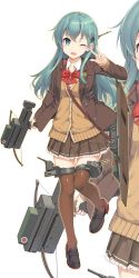 Rule 34 | 10s, 1girl, aqua eyes, aqua hair, blazer, bow (weapon), brown skirt, brown thighhighs, cardigan, crossbow, flight deck, frilled skirt, frills, full body, hair ornament, hairclip, jacket, kantai collection, loafers, long hair, looking at viewer, machinery, one eye closed, pleated skirt, red ribbon, remodel (kantai collection), ribbon, school uniform, shoes, skirt, solo, suzuya (kancolle), takayaki, thighhighs, v, weapon, zoom layer
