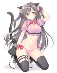 Rule 34 | 1girl, :o, absurdres, animal ear fluff, animal ears, arm behind head, arm up, black hair, black thighhighs, blush, breasts, brown eyes, cat ears, cat girl, cat tail, cleavage, cleavage cutout, clothing cutout, commentary request, crop top, heart cutout, highres, kneeling, korie riko, long hair, looking at viewer, medium breasts, midriff, navel, open mouth, original, panties, pink panties, pink shirt, puffy short sleeves, puffy sleeves, shadow, shirt, shoes, short sleeves, simple background, solo, tail, thighhighs, underwear, very long hair, white background, white footwear