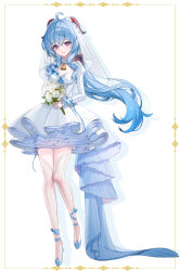 Rule 34 | 1girl, absurdres, ahoge, alternate costume, bell, blue flower, blue footwear, blue hair, bouquet, bow, bridal veil, closed mouth, cowbell, dress, floating hair, flower, full body, ganyu (genshin impact), genshin impact, goat horns, hair between eyes, hair bow, high heels, highres, holding, holding bouquet, horns, hyoin, jewelry, juliet sleeves, long hair, long sleeves, looking at viewer, low ponytail, neck bell, pink eyes, puffy sleeves, qingxin flower, ring, sidelocks, simple background, smile, solo, standing, thighhighs, veil, very long hair, wedding dress, white background, white dress, white flower