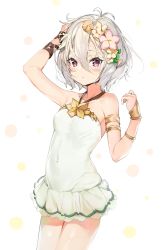 Rule 34 | 1girl, antenna hair, arm up, bare shoulders, blush, breasts, brown flower, casual one-piece swimsuit, closed mouth, collarbone, commentary request, covered navel, flower, hair between eyes, hair flower, hair ornament, hand up, highres, kokkoro (princess connect!), kokkoro (summer) (princess connect!), looking at viewer, messy hair, one-piece swimsuit, pink flower, pointy ears, princess connect!, red eyes, see-through, short hair, sidelocks, silver (chenwen), silver hair, small breasts, solo, swimsuit, white background, white flower, white one-piece swimsuit