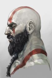 Rule 34 | 1boy, angry, bald, beard, bodypaint, clenched teeth, colored skin, facial hair, facial tattoo, god of war, hungry clicker, kratos (god of war), male focus, manly, open mouth, pale skin, simple background, solo, tattoo, teeth, white skin