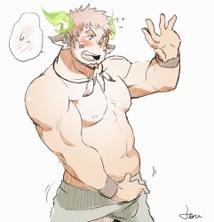Rule 34 | 1boy, abs, animal ears, bara, beard, blush, brown hair, clenched hands, dark-skinned male, dark skin, facial hair, fai (fai-storage), feathers, fiery horns, flustered, forked eyebrows, glowing horns, hand on penis, horns, large pectorals, looking to the side, male focus, muscular, native american, navel, nipples, open mouth, pectorals, simple background, sketch, smile, solo, sportswear, thick eyebrows, tight clothes, tokyo houkago summoners, wakan tanka