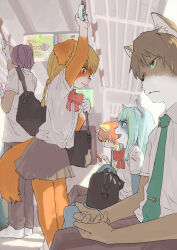 Rule 34 | 2girls, 3boys, animal ears, animal nose, bag, blonde hair, blue hair, bow, bowtie, collared shirt, dog boy, dog ears, dog girl, dog tail, furry, furry female, furry male, green eyes, green necktie, grey pants, grey skirt, highres, holding, holding phone, jitome, looking at another, looking at phone, multiple boys, multiple girls, necktie, original, pants, phone, pink hair, profile, purple hair, red bow, red bowtie, red eyes, school bag, shirt, short sleeves, sitting, skirt, smile, standing, tail, tie clip, train interior, white shirt, yanamosuda