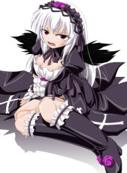 Rule 34 | 00s, 1girl, boots, breasts, cleavage, doll joints, dress, frills, gucchi, hairband, joints, knee boots, long hair, purple eyes, rozen maiden, small breasts, solo, suigintou, white hair, wings