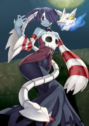 Rule 34 | 1girl, bare shoulders, blue hair, blue skin, bone, clothes writing, colored skin, covered navel, detached sleeves, hair over one eye, harmaline, highres, leviathan (skullgirls), long hair, purple hair, red eyes, skull, skullgirls, solo, squigly (skullgirls), stitched mouth, stitches, wide hips, yellow eyes, zombie