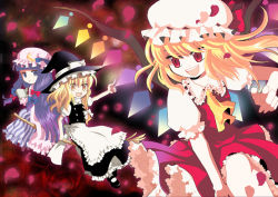 Rule 34 | 3girls, apron, ascot, blonde hair, book, bow, braid, broom, crescent, crystal, female focus, flandre scarlet, hair bow, hat, kirisame marisa, long hair, long skirt, mary janes, multiple girls, open mouth, patchouli knowledge, petals, puffy sleeves, purple eyes, purple hair, red eyes, shimesabasushi, shoes, short hair, short sleeves, side braid, single braid, skirt, touhou, very long hair, wings, witch hat, yellow eyes
