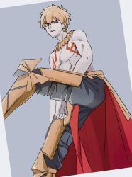 Rule 34 | 1boy, armor, black pants, blonde hair, boots, cape, commentary request, earrings, fate/stay night, fate (series), from side, gilgamesh (fate), greaves, grey background, highres, jewelry, leg up, lock, lock earrings, looking at viewer, looking to the side, male focus, mi (pic52pic), necklace, padlock, pants, parted lips, red cape, red eyes, simple background, solo, tattoo, waist cape