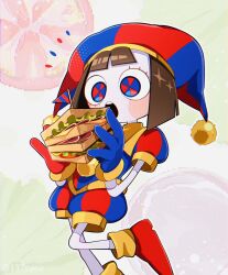 Rule 34 | 137syou, 1girl, asymmetrical footwear, asymmetrical gloves, blue eyes, blue gloves, blue hat, brown hair, cheese, colored skin, commentary, cropped legs, english commentary, flag, food, glitch productions, gloves, ham, hat, highres, holding sandwich, jester, jester cap, lettuce, medium hair, mismatched footwear, mismatched gloves, open mouth, pomni (the amazing digital circus), puffy short sleeves, puffy shorts, puffy sleeves, red eyes, red footwear, red gloves, red hat, sandwich, short sleeves, shorts, signature, solo, teeth, the amazing digital circus, tomato, toothpick, two-tone bodysuit, two-tone eyes, two-tone headwear, upper teeth only, white skin