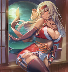 Rule 34 | 1girl, absurdres, armpits, black gloves, blonde hair, boots, breasts, brown cape, cape, cleavage, commission, commissioner upload, dark-skinned female, dark skin, dress, elbow gloves, female focus, fire emblem, fire emblem: the binding blade, fire emblem heroes, full moon, gloves, highres, igrene (fire emblem), knife, knife belt, kunai, large breasts, long hair, looking at viewer, mole, mole under eye, moon, night, ninja, nintendo, official alternate costume, red dress, sajittari, short dress, skeb commission, smile, solo, sword, thigh boots, thighhighs, thighs, weapon, yellow eyes