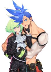 Rule 34 | 2boys, ascot, asymmetrical hair, bad id, bad twitter id, blue eyes, blue hair, galo thymos, grabbing another&#039;s chin, green hair, hand on another&#039;s chin, highres, hug, ke889, lio fotia, looking at viewer, male focus, multiple boys, promare, purple eyes, sidecut, size difference, spiked hair, tongue, tongue out, topless male, undercut