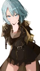 Rule 34 | 1girl, absurdres, armband, belt, black belt, black dress, blue eyes, blue hair, blush, braid, brown shirt, brown skirt, chikwa pie, coat, contrapposto, dress, epaulettes, french braid, hand on own chin, highres, indie virtual youtuber, leaning forward, long sleeves, looking at viewer, making-of available, military, military coat, military uniform, miniskirt, nerumero (vtuber), pleated skirt, shirt, short hair, simple background, skirt, solo, uniform, virtual youtuber, white background
