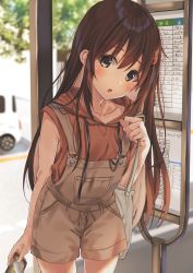 Rule 34 | 1girl, bag, brown eyes, brown hair, brown overalls, bus stop, casual, cellphone, collarbone, day, hair ornament, highres, holding, holding phone, kukiha, leaf, long hair, looking at viewer, open mouth, original, outdoors, overall shorts, overalls, phone, red shirt, shirt, shoulder bag, sidelocks, sleeveless, sleeveless shirt, smartphone, solo, standing, tree, vehicle, wheel