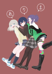 Rule 34 | 3girls, absurdres, black footwear, black pantyhose, blue hair, blunt bangs, blush, boots, brown jacket, commentary, dark blue hair, grey hair, hands on another&#039;s shoulders, highres, idolmaster, idolmaster shiny colors, jacket, knee boots, kneehighs, loafers, looking at viewer, looking to the side, morino rinze, multiple girls, no pupils, pantyhose, plaid, plaid skirt, pleated skirt, purple hair, red background, school uniform, serizawa asahi, shirt, shoes, simple background, single thighhigh, skirt, smile, sneakers, socks, speech bubble, taku (uprf8754), tanaka mamimi, thigh strap, thighhighs, yellow shirt