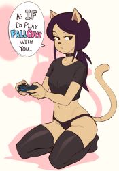 Rule 34 | 1girl, animal ears, animal nose, beige background, black hair, black panties, black shirt, black thighhighs, body fur, borrowed character, cat ears, cat girl, cat tail, choker, collarbone, commentary, controller, crop top, english text, fall guys, female focus, frown, furry, furry female, game controller, highleg, highleg panties, highres, holding, holding controller, long hair, looking to the side, low ponytail, midriff, navel, original, panties, ponytail, shadow, shirt, short sleeves, sideways glance, simple background, sitting, solo, speech bubble, suoiresnu, tail, thighhighs, underwear, wariza