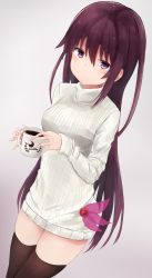 Rule 34 | 1girl, alternate costume, bad id, bad twitter id, black thighhighs, blush, breasts, coffee, cowboy shot, crescent, cup, dutch angle, grey background, hair between eyes, highres, holding, holding cup, kantai collection, kisaragi (kancolle), light smile, long hair, long sleeves, looking at viewer, medium breasts, no pants, purple eyes, purple hair, ribbed sweater, simple background, solo, standing, sweater, thighhighs, turtleneck, turtleneck sweater, very long hair, yuki (yukin0128)