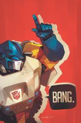 Rule 34 | 1boy, autobot, cowboy bebop, damaged, emblem, finger gun, highres, insignia, ironfist (transformers), male focus, mecha, parody, pointing, pointing up, robot, sarah stone, science fiction, signature, simple background, solo, transformers