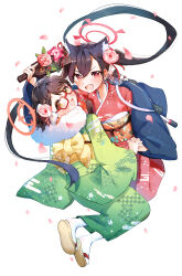 Rule 34 | 2girls, alternate costume, animal ear fluff, animal ears, assault rifle, ayane (blue archive), azisai, beretta ar70/90, black hair, blue archive, blush, cat ears, cherry blossoms, fang, flower, glasses, green kimono, gun, hagoita, hair flower, hair ornament, halo, haori, highres, holding, holding hands, holding paddle, interlocked fingers, japanese clothes, kimono, long hair, looking at viewer, looking back, multiple girls, new year, obi, open mouth, paddle, petals, pointy ears, red-framed eyewear, red eyes, red kimono, rifle, sandals, sash, serika (blue archive), short hair, simple background, slit pupils, smile, socks, twintails, v-shaped eyebrows, weapon, white background, white socks, wide sleeves, yellow eyes, yukata, zouri