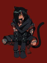 Rule 34 | 1boy, :d, animal ears, arm tattoo, barefoot, bit gag, black nails, black shorts, bone hair ornament, bound, bound arms, cat boy, cat ears, cat tail, cuffs, detached sleeves, ear piercing, earrings, facial mark, facial tattoo, fangs, fish bone, full body, gag, gagged, hair ornament, hair over one eye, hairclip, handcuffs, highres, jewelry, kemonomimi mode, leg tattoo, looking to the side, male focus, mashiro meme, nail polish, nijisanji, open mouth, piercing, prussiancatdog, red background, safety pin, scarf, short hair, shorts, simple background, sleeves past fingers, sleeves past wrists, smile, solo, squatting, stitches, tail, tattoo, toenail polish, toenails, virtual youtuber, yellow eyes