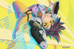 Rule 34 | 1girl, artist name, bomber jacket, brown eyes, brown hair, dual wielding, goggles, grin, holding, jacket, leg up, looking at viewer, overwatch, overwatch 1, short hair, signature, smile, solo, spicy bardo, thighs, tracer (overwatch), upside-down, yellow background