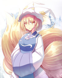 Rule 34 | 1girl, animal ears, animal hat, blonde hair, dress, fox ears, fox tail, frilled hat, frills, hands in opposite sleeves, hat, liya, long sleeves, mob cap, multiple tails, ofuda, own hands together, mob cap, short hair, solo, tabard, tail, touhou, white dress, wide sleeves, yakumo ran, yellow eyes