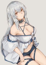 Rule 34 | 1girl, alternate eye color, arknights, bare shoulders, black choker, black shorts, breasts, brown eyes, choker, cleavage, commentary, grey background, hair between eyes, highres, large breasts, long hair, looking at viewer, navel, no headwear, off-shoulder shirt, off shoulder, official alternate costume, shirt, short shorts, short sleeves, shorts, silver hair, simple background, skadi (arknights), skadi (waverider) (arknights), solo, stomach, suiiryu, thigh strap, thighs, white shirt