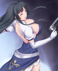Rule 34 | 1girl, back, back cutout, belt, black hair, blunt bangs, breasts, closed eyes, clothing cutout, dress, elbow gloves, gloves, gun, highres, hime cut, holding, holding weapon, kaguya jingu, large breasts, long hair, looking back, multiple belts, open mouth, solo, soukitsu, twitter username, under night in-birth, under night in-birth 2 sys:celes, very long hair, weapon, white gloves