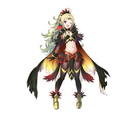 Rule 34 | 1girl, absurdres, ahoge, alternate costume, belt, black gloves, blonde hair, blush, cape, commentary request, feather trim, feathers, fire emblem, fire emblem awakening, fire emblem heroes, flat chest, gloves, gold trim, gradient clothes, gradient hair, green hair, highres, jewelry, kousei horiguchi, long hair, looking at viewer, midriff, multicolored hair, multiple belts, navel, nintendo, nowi (fire emblem), official alternate costume, official art, one eye closed, open mouth, pantyhose, parted bangs, pelvic curtain, pointy ears, ponytail, purple eyes, simple background, slit pupils, smile, stomach, tiara, white background
