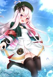 Rule 34 | 1girl, armband, azur lane, beret, black footwear, black ribbon, black thighhighs, blue sky, boots, breasts, dress, green hat, green jacket, hair ribbon, hat, highres, jacket, long hair, maestrale (azur lane), multicolored hair, open mouth, origami aya, pink hair, red eyes, red hair, ribbon, sardegna empire (emblem), skirt hold, sky, small breasts, solo, thighhighs, two-tone hair, water, white dress
