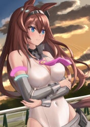 Rule 34 | 1girl, absurdres, ahoge, aimi (tikichin0229), animal ears, bare shoulders, between breasts, blue eyes, blush, breasts, brown hair, cleavage, commentary request, covered navel, cowboy shot, crossed arms, detached sleeves, grey skirt, groin, hair ornament, hairclip, highleg, highleg leotard, highres, horse ears, horse girl, horse tail, large breasts, leotard, long hair, long sleeves, mihono bourbon (umamusume), miniskirt, necktie, necktie between breasts, outdoors, parted lips, pink necktie, silver hairband, skirt, solo, tail, thighhighs, umamusume, white background, white leotard, white thighhighs