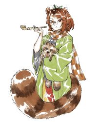 Rule 34 | 1girl, animal, animal ears, brown eyes, brown hair, checkered clothes, checkered scarf, closed mouth, futatsuiwa mamizou, green kimono, highres, holding, holding animal, holding smoking pipe, japanese clothes, kimono, kiseru, kyuubiness, leaf, leaf on head, long sleeves, looking at viewer, raccoon, raccoon ears, raccoon girl, raccoon tail, scarf, short hair, simple background, smoking pipe, tail, touhou, traditional media, white background