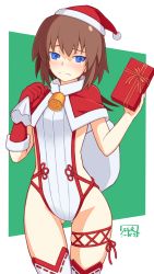 Rule 34 | 1girl, artist name, bell, blue eyes, blush, brown hair, capelet, christmas, closed mouth, commentary request, cowboy shot, frown, gift, gloves, half-closed eyes, hat, hibun tsukasa, highres, holding, holding gift, holding sack, leotard, looking at viewer, lyrical nanoha, mahou shoujo lyrical nanoha innocent, neck bell, over shoulder, partial commentary, red capelet, red gloves, red hat, sack, santa costume, santa gloves, santa hat, santa leotard, short hair, signature, single glove, solo, standing, stern the destructor, thigh gap, thigh strap, thighhighs, white leotard, white thighhighs