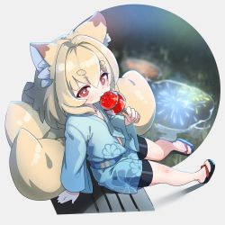 Rule 34 | 1girl, aerial fireworks, animal ear fluff, animal ears, arm support, bike shorts, black footwear, black shorts, blonde hair, blue kimono, blurry, blurry background, blush, brown eyes, candy apple, commentary request, depth of field, eating, fireworks, food, fox ears, fox girl, fox tail, full body, hair between eyes, highres, holding, holding food, indie virtual youtuber, japanese clothes, kamiya ris, kimono, kitsune, kuro kosyou, long sleeves, puddle, reflection, sandals, short eyebrows, short shorts, shorts, solo, tail, thick eyebrows, virtual youtuber, water, wide sleeves, zouri