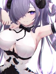 Rule 34 | 1girl, armpits, august von parseval (azur lane), august von parseval (the conquered unhulde) (azur lane), azur lane, between breasts, black bow, black dress, bow, breasts, commentary request, curled horns, dress, framed breasts, hair over one eye, highres, horns, long hair, mechanical horns, official alternate costume, purple eyes, purple hair, reizouko, revision, sleeveless, sleeveless dress, solo, strap between breasts, two-tone dress, underboob, very long hair, white dress