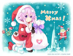 Rule 34 | 10s, 1girl, bag, christmas, company connection, compile heart, d-pad, fairy fencer f, finger to mouth, gift, hair ornament, hat, idea factory, long hair, looking at viewer, neptune (neptunia), neptune (series), official art, pipin (fairy fencer f), purple eyes, purple hair, santa costume, santa hat, smile, snowflakes, solo, striped clothes, striped legwear, striped thighhighs, thighhighs, tsunako