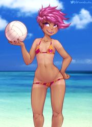 Rule 34 | absurdres, ball, beach, bikini, cutie mark, drizziedoodles, ear piercing, feet out of frame, highres, holding, holding ball, humanization, micro bikini, my little pony, nail polish, piercing, scootaloo, sweat, swimsuit, tan, tanline, tooth gap, volleyball (object)