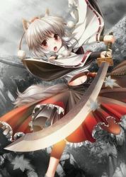 Rule 34 | 1girl, :o, animal ears, bare shoulders, black skirt, blush, detached sleeves, falling leaves, fighting stance, hat, holding, holding sword, holding weapon, inubashiri momiji, katana, kei kei, leg up, long sleeves, looking at viewer, navel, open mouth, pom pom (clothes), red ribbon, ribbon, ribbon-trimmed sleeves, ribbon trim, silver hair, skirt, solo, standing, standing on one leg, stomach, sword, tail, tokin hat, touhou, unsheathed, weapon, wide sleeves, wolf ears, wolf tail