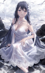 Rule 34 | 1girl, bare shoulders, bird, black hair, breasts, cleavage, cloud, cloudy sky, day, dress, flower, hair flower, hair ornament, hand on own thigh, highres, jewelry, large breasts, long hair, looking at viewer, mhru, necklace, open mouth, original, outdoors, purple eyes, sitting, sky, solo, veil, very long hair, white dress, white flower