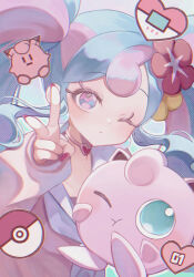 Rule 34 | 1girl, :t, absurdres, aqua eyes, blue eyes, blue hair, blush, cardigan, choker, chromatic aberration, clefairy, closed mouth, collarbone, commentary request, creatures (company), curly hair, dot mouth, fairy miku (project voltage), fingernails, flower, game freak, gen 1 pokemon, hair flower, hair ornament, hatsune miku, heart, heart choker, highres, jigglypuff, light blue hair, long fingernails, long hair, long sleeves, looking at viewer, multicolored eyes, multicolored hair, neckerchief, nintendo, one eye closed, pink background, pink cardigan, pink eyes, pink hair, pink nails, poke ball, poke ball (basic), pokemon, pokemon (creature), pokewalker, project voltage, simple background, srnps, twintails, two-tone eyes, two-tone hair, v, vocaloid, white choker, white neckerchief