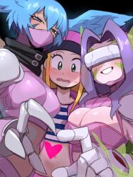 Rule 34 | blonde hair, blue eyes, blue hair, breasts, claws, cleavage, covered eyes, digimon, digimon (creature), digimon frontier, facial mark, fairimon, feathered wings, gloves, hair wings, hat, highres, large breasts, lightsource, long hair, mask, medium breasts, mouth mask, navel, orimoto izumi, purple hair, shutumon, smile, upper body, wings